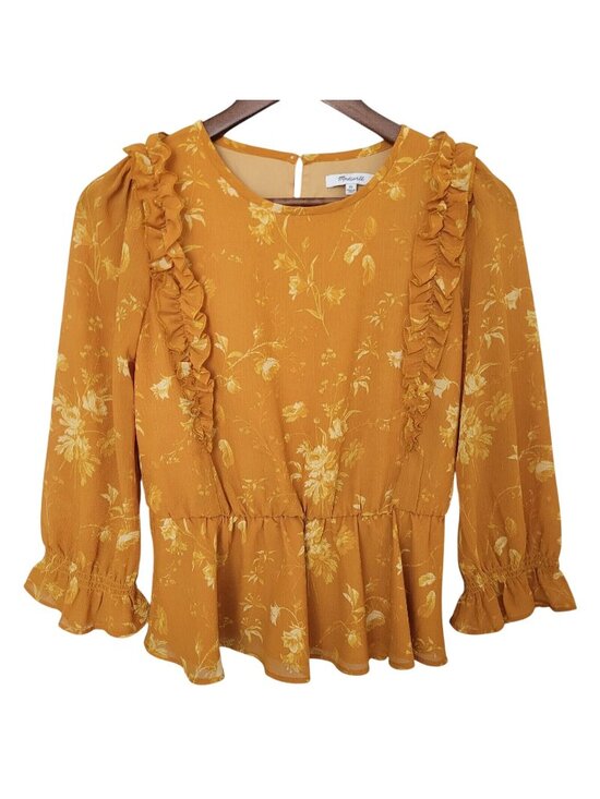 Madewell Tops - Madewell Ruffle Shoulder Peplum Top Womens Size XS Tonal Botanical Boho Peasant